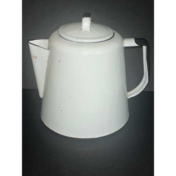Vintage White Enamel Coffee Pot Black Trim Lid Primitive Farmhouse Decor - Picture 1 of 8